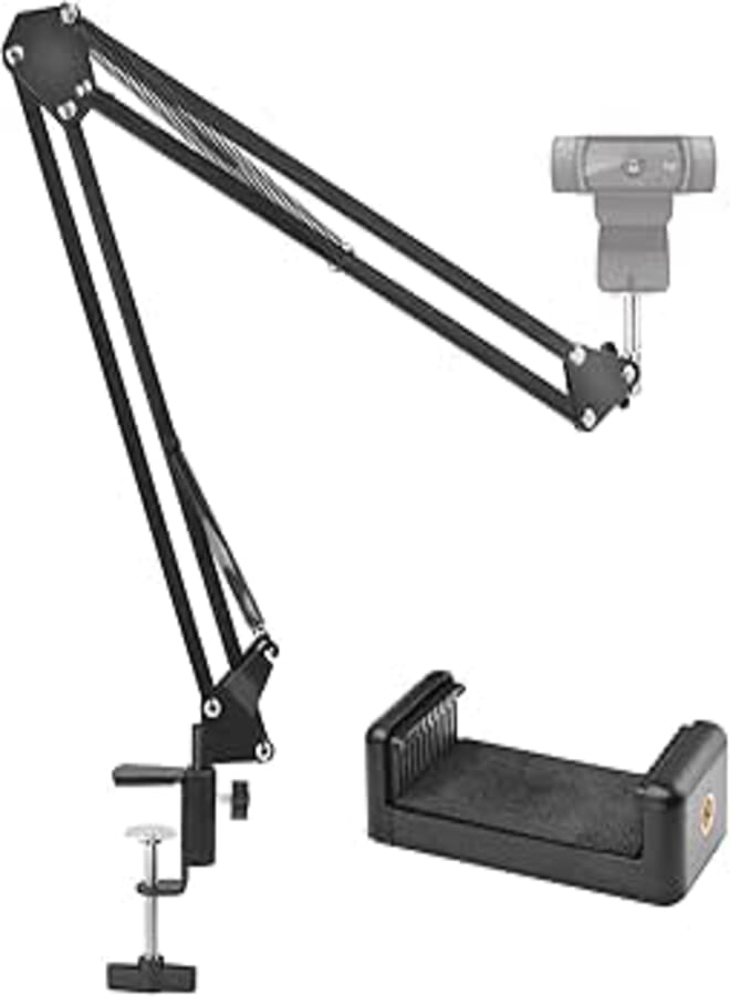 SHOPEE Webcam Stand, 28" Webcam Camera Clamp Mount Adjustable Desktop Suspension Boom Scissor Tripod Stand Built-in 1/4" Screw Flexible Long Arm Swivel Holder with Mobile Clip Holder(Black)